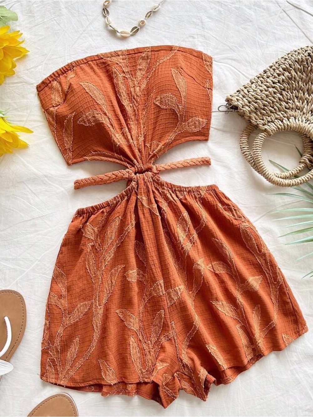 Rust Orange Strapless Cutout Romper Dress